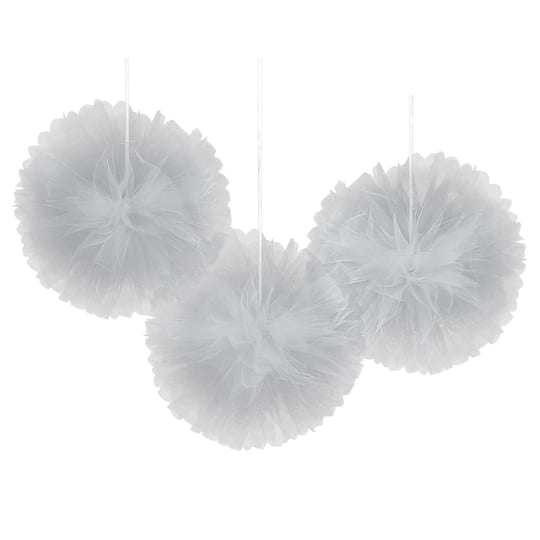 12&#x22; Silver Fluffy Tulle Hanging Decorations, 3ct.